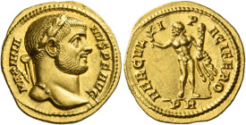 Maximianus Herculius, 286 – 308
Aureus 287, AV 5.46 g. MAXIMIA – NVS P F AVG Laureate head r. Rev. HERCVL – I – P – ACIFERO Hercules, nude, standing ...