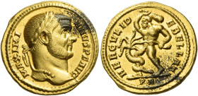 Maximianus Herculius, 286 – 308
Aureus circa 293-294, AV 5.52 g. MAXIMI – ANVS P F AVG Laureate head r. Rev. HERCVLI D – EBELLAT Hercules standing l....
