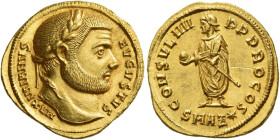 Maximianus Herculius, 286 – 308
Aureus, Antiochia circa 293-295, AV 5.31 g. MAXIMIANVS – AVGVSTVS Laureate head r. Rev. CONSVL IIII – P P PRO COS Max...