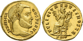 Galerius Maximianus augustus, 305 – 311
Aureus, Ticinum circa 305, AV 4.86 g. MAXIMIA – NVS P F AVG Laureate head r. Rev. FELICITAS AVGG NOSTR Felici...