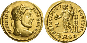 Maximinus II Daia caesar, 305 – 309
Aureus, Serdica 305–306, AV 5.39 g. MAXIMINV – S NOB CAES Laureate head r. Rev. PRINCIPI IVV – ENTVTIS Maximinus ...