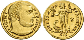 Licinius I, 308 – 324
Aureus, Siscia 316, AV 5.28 g. LICINI – VS P F AVG Laureate head r. Rev. IOVI CON – SERVATORI Jupiter standing l., holding scep...