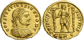 Constantine II caesar, 316 – 337
Solidus, Cyzicus 325, AV 4.45 g. CONSTANTINVS IVN NOB C Laureate, draped and cuirassed bust r. Rev. PRINCIPI – I – V...