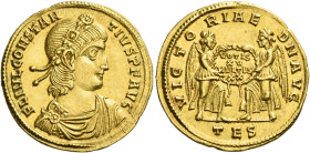 Constantius II augustus, 337 – 361
Solidus, Thessalonica 337-340, AV 4.46 g. FL IVL CONSTAN – TIVS P F AVG Laurel and rosette- diademed, draped and c...