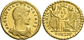 Julian II Caesar, 355 – 360
Solidus, Arles 355–360, AV 4.42 g. FL CL IVLIANVS NOB CAES Bare-headed, draped and cuirassed bust r. Rev. GLORIA – REI – ...