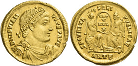 Jovian, 363 – 364
Solidus, Antiochia 363-364, AV 4.47 g. D N IOVIAN – VS P F P AVG Pearl-diademed, draped and cuirassed bust r. Rev. SECVRITA – S REI...