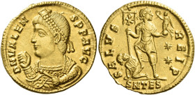 Valens, 364 – 378
Solidus, Thessalonica 364-367, AV 4.48 g. D N VALEN – S P F AVG Pearl diademed bust l., wearing imperial mantle and holding mappa a...