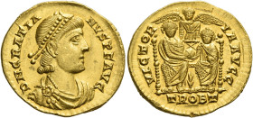 Gratian, 367 – 383
Solidus, Treveri 378-383, AV 4.45 g. D N GRATIA – NVS P F AVG Pearl-diademed, draped and cuirassed bust r. Rev. VICTOR – IA AVGG T...