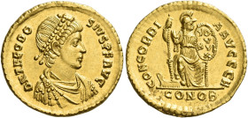 Theodosius I, 379 – 395
Solidus, Constantinopolis 388-392, AV 4.51 g. D N THEODO – SIVS P F AVG Pearl-diademed, draped and cuirassed bust r. Rev. CON...