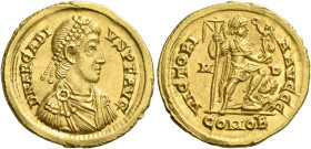 Arcadius, 383 – 408
Solidus, Mediolanum 394-395, AV 4.46 g. D N ARCADI – VS P F AVG Pearl-diademed, draped and cuirassed bust r. Rev. VICTORI – A AVG...