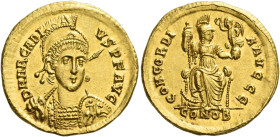 Arcadius, 383 – 408
Solidus, Constantinopolis circa 397-402, AV 4.47 g. D N ARCADI – VS P F AVG Helmeted, pearl- diademed and cuirassed bust facing t...