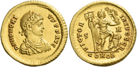 Honorius, 393 – 423
Solidus, Sirmium circa 393-395, AV 4.44 g. D N HONORI – VS P F AVG Rosette-diademed, draped and cuirassed bust r. Rev. VICTOR – I...