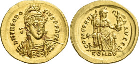 Theodosius II, 402 – 450
Solidus, Constantinopolis circa 408–420, AV 4.46 g. D N THEODO – SIVS P F AVG Helmeted, pearl-diademed and cuirassed bust fa...