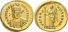 Theodosius II, 402 – 450
Solidus, Constantinopolis circa 420–422, AV 4.51 g. D N THEODO – SIVS P F AVG Helmeted, pearl-diademed and cuirassed bust fa...