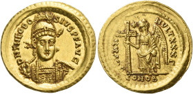 Theodosius II, 402 – 450
Solidus, Constantinopolis circa 423–424, AV 4.46 g. D N THEODO – SIVS P F AVG Helmeted, pearl-diademed and cuirassed bust fa...