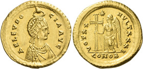 Aelia Eudocia, wife of Theodosius II
Solidus, Constantinople circa 423, AV 4.44 g. AEL EVDO – CIA AVG Pearl-diademed and draped bust r., wearing earr...