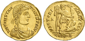 Constantine III, 407 – 411
Solidus, Arles after 408, AV 4.45 g. D N CONSTAN – TINVS P F AVG Pearl-diademed, draped and cuirassed bust r. Rev. VICTORI...