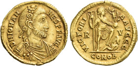 Johannes, 423 – 425
Solidus, Ravenna 423–425, AV 4.42 g. D N IOHAN – NES P F AVG Rosette-diademed, draped and cuirassed bust r. Rev. VICTORI – A AVGG...