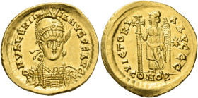 Valentinian III, 425 – 455
Solidus, Constantinopolis circa 450-455, AV 4.47 g. D N VALENTIN – IANVS P F AVG Helmeted, pearl-diademed and cuirassed bu...