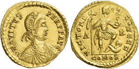 Avitus, 455 – 456
Solidus, Arles 455-456, AV 4.43 g. D N AVITVS – PERP F AVG Rosette-diademed, draped and cuirassed bust r. Rev. VICTORI – A AVGGG Em...