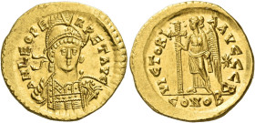 Leo I, 457 – 474
Solidus, Constantinopolis circa 462-466, AV 4.52 g. D N LEO PE – RPET AVG Helmeted, pearl- diademed and cuirassed bust facing three-...