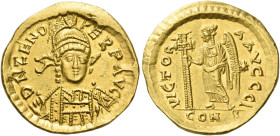 Zeno, 476-491
Solidus, Constantinople 476-491, AV 4.44 g. D N ZENO – PERP AVG Helmeted, pearl-diademed and cuirassed bust three-quarters facing, hold...