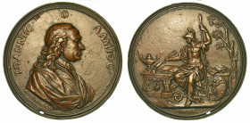 LAMI GIOVANNI, 1697- 1770. Medaglia in bronzo 1747.

Busto con capelli lunghi a d. R/ Minerva seduta scrive su un rotolo con la mano destra su una s...