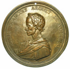 FRANCIA. VOLTAIRE (FRANCOIS-MARIE AROUET),1694-1778. Placca in bronzo uniface di grande diametro.

Busto all'antica laureato di Voltaire a s. Diam. ...