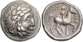 OSTKELTEN, Beischlag zu einer AR Tetradrachme Philipp II. Zeuskopf. Rs.Reiter mit Zweig, darüber "Römische Ziffer". 14,52g.
ss/vz
Göbl OTA 66/2