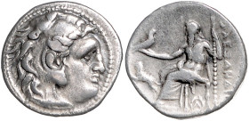 OSTKELTEN, Beischlag zu einer AR Drachme Alexander III. d.Gr. Herakleskopf in Löwenhaube. Rs.Zeus l. thront mit Adler und Zepter, davor springender Lö...