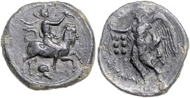 ITALIEN, SIZILIEN / Stadt Himera, AE Hemilitron (420-408 v.Chr.). Nackter Jüngling auf Ziege r. reitend, hält Muschelhorn, unten Helm. Rs.Nike l. schr...