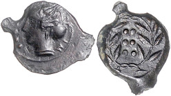 ITALIEN, SIZILIEN / Stadt Himera, AE Hemilitron (420-408 v.Chr.). Kopf der Nymphe Himera l., davor 6 Kugeln, IM[E]. Rs.6 Kugeln im Lorbeerkranz. 3,43g...