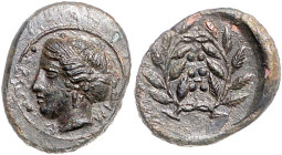 ITALIEN, SIZILIEN / Stadt Himera, AE Hemilitron (420-408 v.Chr.). Kopf der Nymphe Himera l., davor 6 Kugeln, IME. Rs.6 Kugeln im Lorbeerkranz. 4,66g....