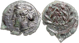 ITALIEN, SIZILIEN / Stadt Himera, AE Hemilitron (420-408 v.Chr.). Kopf der Nymphe Himera l., davor 6 Kugeln, IME. Rs.6 Kugeln im Lorbeerkranz. 4,12g....