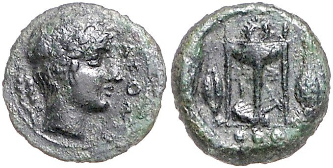 ITALIEN, SIZILIEN / Stadt Leontinoi, AE Trias (430-422 v.Chr.). Belorb. Apolloko...