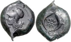 ITALIEN, SIZILIEN / Stadt Syrakus, AE Litra (Timoleon, 344-336 v.Chr.). Kopf der Athena mit korinth. Helm l., [SYP]A. Rs.Stern zwischen zwei Delfinen....