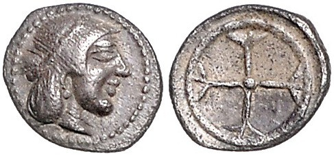 ITALIEN, SIZILIEN / Stadt Syrakus, AR Obol (Gelon, 485-478 v.Chr.). Kopf der Art...