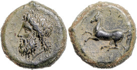 ITALIEN, SIZILIEN / Stadt Syrakus, AE 26 (Timoleon, 344-336 v.Chr.). Belorb. Zeuskopf l., IEYS ELE[YTHEPI]OS. Rs.Pferd l. steigend, SYPA[KOSION]. 18,1...