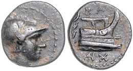 GRIECHENLAND, MAKEDONIEN. Demetrios Poliorketes, 294-288 v.Chr., AE 12. Kopf des Demetrios mit korinthischem Helm. Rs.BA über Prora, unten ARX-Monogra...