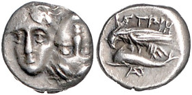 GRIECHENLAND, THRAKIEN / Stadt Istros, AR 1/4 Stater (400-350 v.Chr.). Zwei Köpfe junger Männer. Rs.Adler auf Delfin l. stehend. 1,32g.
vz
SNG Cop.2...