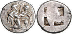 GRIECHENLAND, THRAKIEN / Insel Thasos, AR Stater (463-411 v.Chr.). Ithyphallischer Satyr nimmt Nymphe. Rs.Quadratum incusum. 9,52g.
vz
Sear 1746; BM...