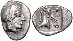 GRIECHENLAND, THESSALIEN / Stadt Pharsalos, AR Hemidrachme (480-450 v.Chr.). Kopf der Athena r.. Rs.Pferdekopf r., PHAR. 2,76g.
ss/vz
Sear 2187; BMC...
