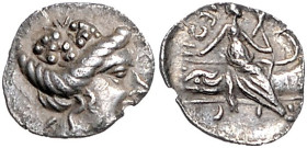 GRIECHENLAND, EUBOIA / Stadt Histiaia, AR Obol (196-146 v.Chr.). Kopf der Nymphe Histiaia r. Rs.Nymphe sitzt auf Galeere. 0,68g.
vz
Sear 2496; vgl.