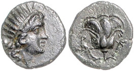 KLEINASIEN, KARIEN / Insel Rhodos, AE 13 (167-88 v.Chr.). Kopf des Helios mit Strahlenkr. r. Rs.Rose, P-O. 1,52g.
ss-vz
Sear 5080; BMC 18.259.326