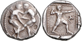 KLEINASIEN, PAMPHYLIEN / Stadt Aspendos, AR Stater (410-385 v.Chr.). 2 nackte Ringer, der linke hält das Bein des rechten Ringers, i.F. rechts Punze. ...