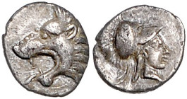 KLEINASIEN, PISIDIEN / Stadt Selge, AR Obol (350-300v.Chr.). Löwenkopf l. Rs.Behelmter Kopf der Athena r. 0,77g.
vz