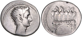 RÖMISCHES REICH, Augustus als Imperator, 30-27 v.Chr., AR Denar (29-27 v.Chr.), Rom. Kopf r. Rs.Triumphbogen. 3,74g.
ss
RIC 267; Kampm.2.25