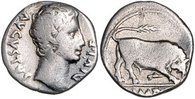 RÖMISCHES REICH, Augustus, 27 v.-14 n.Chr., AR Denar IMP X =14-12 v.Chr., Lugdunum. Kopfbild r. Rs.Stier stößt rechts. 3,37g.
s/ss
RIC 167b; Seaby 1...