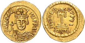 BYZANTINISCHES REICH, Heraclius, 610-641, AV Solidus (610-613). Büste frontal, hält Kreuzglobus. Rs.Kreuz auf 2 Stufen, Off.I. 4,40g.
GOLD, ss+
So.1...