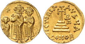 BYZANTINISCHES REICH, Heraclius, 610-641, AV Solidus (632-635), CONOB A =Konstantinopel. Drei stehende Herrscher frontal mit Kreuzglobus, i.F. l. Kreu...